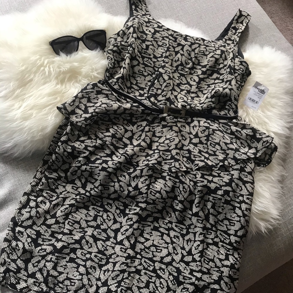 Tan and Black Printed Peplum Dress with Black Belt